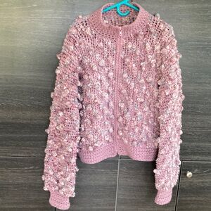 Amazing EUC Handmade Popcorn Cardigans Shacket Pink & Grey Crochet Wool XL